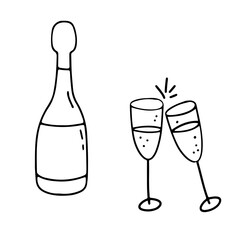 Couple hand drawn glasses of champagne and bottle for New Year, Xmas or Valentine day. Doodle vector illustration isolated on white background.