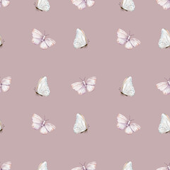Seamless watercolor pattern with pink butterflies. Hand painted boho background. High quality illustration
