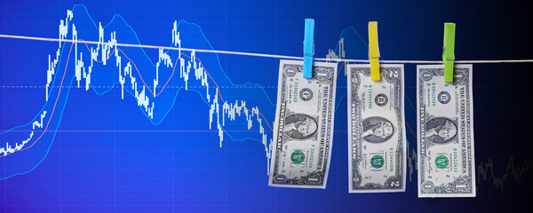 Dollar banknotes with a clothespin is dried on a clothesline on a Stock market chart background