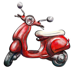 Cute red retro scooter in watercolour style © biopsihoza