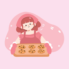 Cute girl chef smiling. Young woman cooking. homemade bakery concept. fresh chocolatechip cookie.flat design vector illustion for logo bakery and label. logo elements. Wearing arpon and chef uniform. 