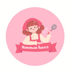 Cute girl chef smiling. Young woman cooking. homemade bakery concept. flat design vector illustion for logo bakery and label design. logo elements. Wearing arpon and chef uniform.