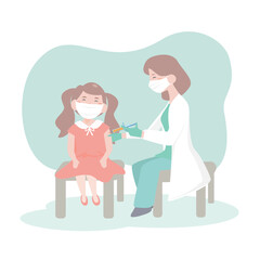 Time to vaccinate. Doctor in clinic giving vaccine to children. little girl and doctor woman. vaccination of the kid at hospital. flat design vector illustion. 