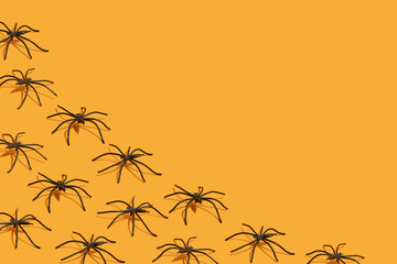 Creative Halloween pattern with spiders on orange background. Cute composition for decoration halloween cards, package paper, flyer.