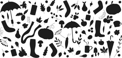 set of autumn icons, objects silhouette isolated, vector