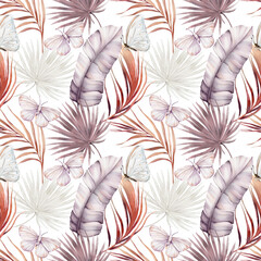 Seamless watercolor pattern with tropical leaves, branches. Hand painted tropical background. High quality illustration