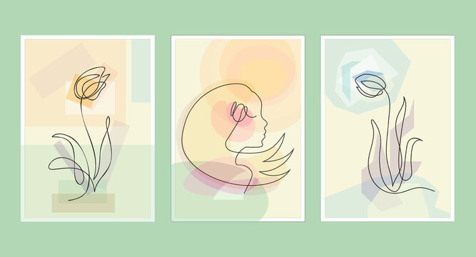 Tulips made in single line art. Abstract line art background. A girl is in the sun and has tulip in her hair. Two different tulip patterns on the side frames. Set of three artistic abstract tulips.