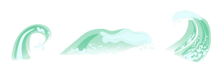 Vector collection of sea waves with foam  on white background.