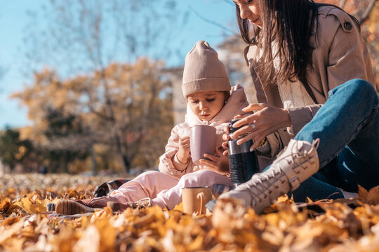 Dark-haired young mother and daughter having a picnic in an autumn park on a sunny day.Family and autumn concept.Selective focus,copy space.