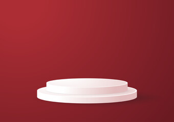 White 3d podium mockup on red background. Empty stage or pedestal mockup isolated on red background. Podium or platform for award ceremony and product presentation.