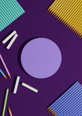 Dark purple, violet 3D illustration back to school product display one podium stand top view, flat lay, from above with pencils, chalk and books on table for product photography background wallpaper