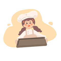 asian Cute girl chef smiling. Young woman stream bun. homemade bakery concept. flat design vector illustion for logo bakery and label design. logo elements. Wearing arpon and chef uniform.