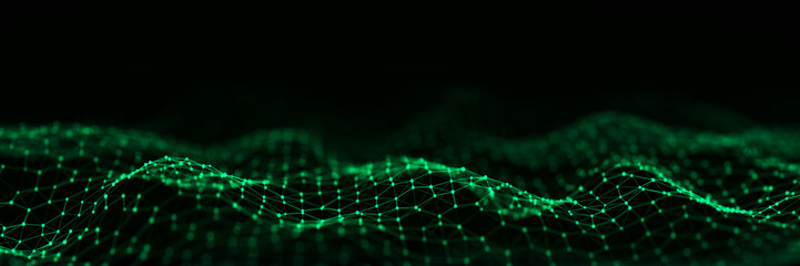 Futuristic hexagon wave. Dark cyberspace. Abstract wave with dots and line. White moving particles on background. 3d rendering.