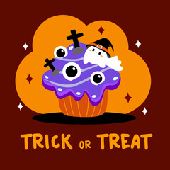 Cute Halloween cupcake cartoon.Trick or treat.vector illustion.kawaii Halloween concept.home made and Fresh baked Sweet and dessert.