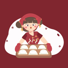 asian Cute girl chef smiling. Young woman stream bun. homemade bakery concept. flat design vector illustion for logo bakery and label design. logo elements. Wearing arpon and chef uniform. 