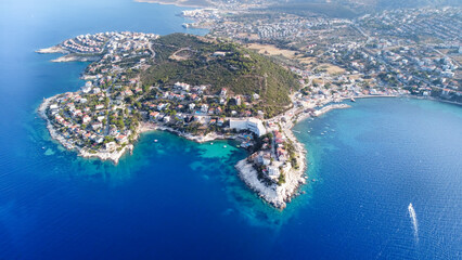 Karaburun is a district of Turkey's Izmir Province. Aerial view of the harbor and İncirli Bay with drone.
