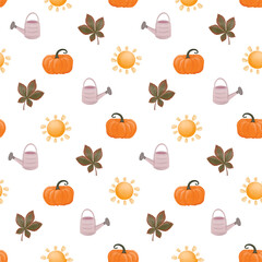 Autumn Leaves Pumpkin Sunny Gardening Seamless Pattern PNG Design on transparent background