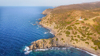 Sarpincik Lighthouse is located on the Karaburun Peninsula in the west of Izmir Bay. Aerial view with drone. Sarpincik - Izmir - Turkey