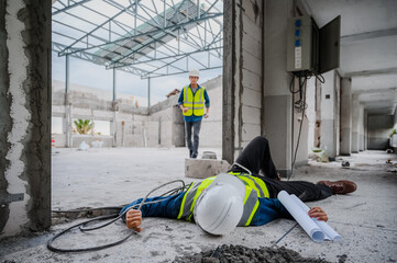 Accident at work, an Asian engineer or electrician is electrocuted to the ground. A colleague...