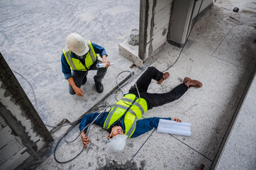 Accident at work, an Asian engineer or electrician is electrocuted to the ground. A colleague...