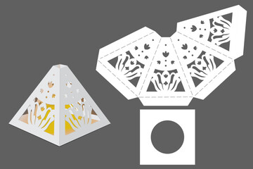 Stencil template of a triangular lantern with a large flower. Festive decor