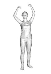 Polygonal woman model with raised hands isolated on white background. The girl rejoices. 3D. Vector illustration.