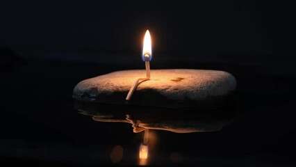 Sad Match Burns Alone On Rock And Water Sea Emotional Art 4k