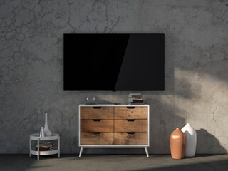 Large Tv Mockup hanging on wall in living room with concrete wall and chest. 3d rendering