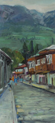 Fototapeta na wymiar Old city oil painting. The author's oil painting of the street in people. Vertical illustration. The concept of creativity, travel and inspiration. A quick sketch by hand. Perspective of the road