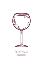 One hand drawn vector glass with long stem on white background. Dishes for alcoholic drink. Wine list. Logo design. Restaurant emblem. Decorative art element for bar menu, advertising layout, banner.