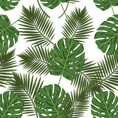 Fototapeta na wymiar Seamless bright pattern of palm leaves and monstera on a white background.Vector natural pattern can be used in textiles,packaging,notebook covers, pastel linen, postcards.