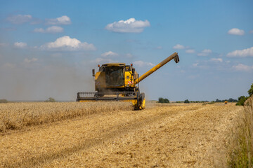 Harvest in Poland, a combine harvester during the harvest season while working on a sunny day, Rozborz, county Podkarpackie, Poland, 7th of August, 2022