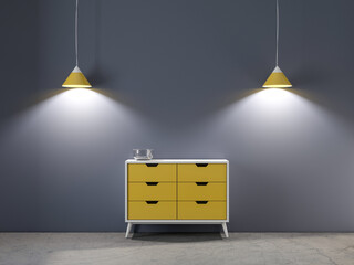 Modern yellow 6 drawer chest bureau mockup standing in room with lamps, 3d rendering