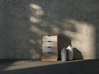 Modern 4 drawer chest bureau mockup standing in room with shadows, 3d rendering