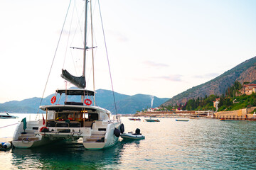 Boat in sunset floating on the sea in Turkey