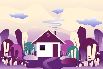 Beautiful country house with abstract garden and forest. Cartoon vector illustration. Design for the development of web design, graphics of the natural landscape. Rural colorful landscape.
