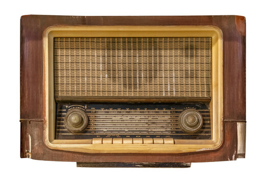 Vintage radio receiver - antique wooden box radio isolate for object, retro technology