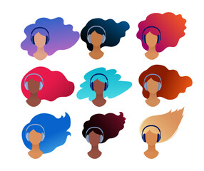 Set of female portraits with headphones