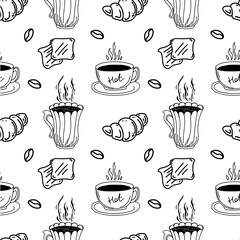 A seamless pattern of coffee cups, croissants, toast and coffee beans, hand-drawn doodle elements. Hand-drawn inscriptions. Turkish coffee. Morning breakfast.