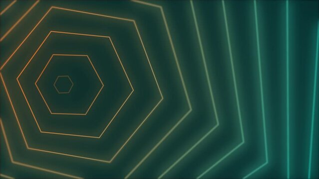 Digital neon polygon geometric shapes pattern background of dark green orange and yellow colors. 4K futuristic sparkling animation that moves forward. Technology and cyber concept