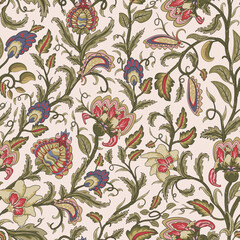 Decorative red and olive green fantasy flowers and branches on beige background inspired indian paisley culture. Floral mehndi seamless pattern in oriental style. Jacobean tropical creeper