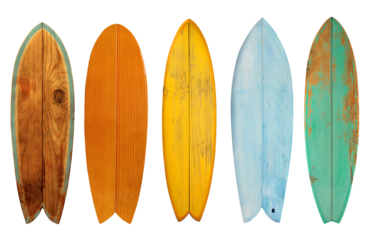 Collection of vintage wooden fishboard surfboard isolated for object, retro styles.