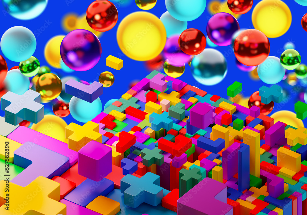 Poster kids background. toy bricks in weightlessness. multicolored kids designer. constructor of different 