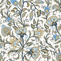 Decorative blue and beige fantasy flowers and branches on white background inspired indian paisley culture. Floral mehndi seamless pattern in oriental style. Jacobean tropical creeper