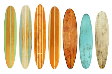 Collection of vintage wooden longboard surfboard isolated for object, retro styles. - obrazy, fototapety, plakaty