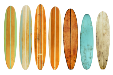 Collection of vintage wooden longboard surfboard isolated for object, retro styles.