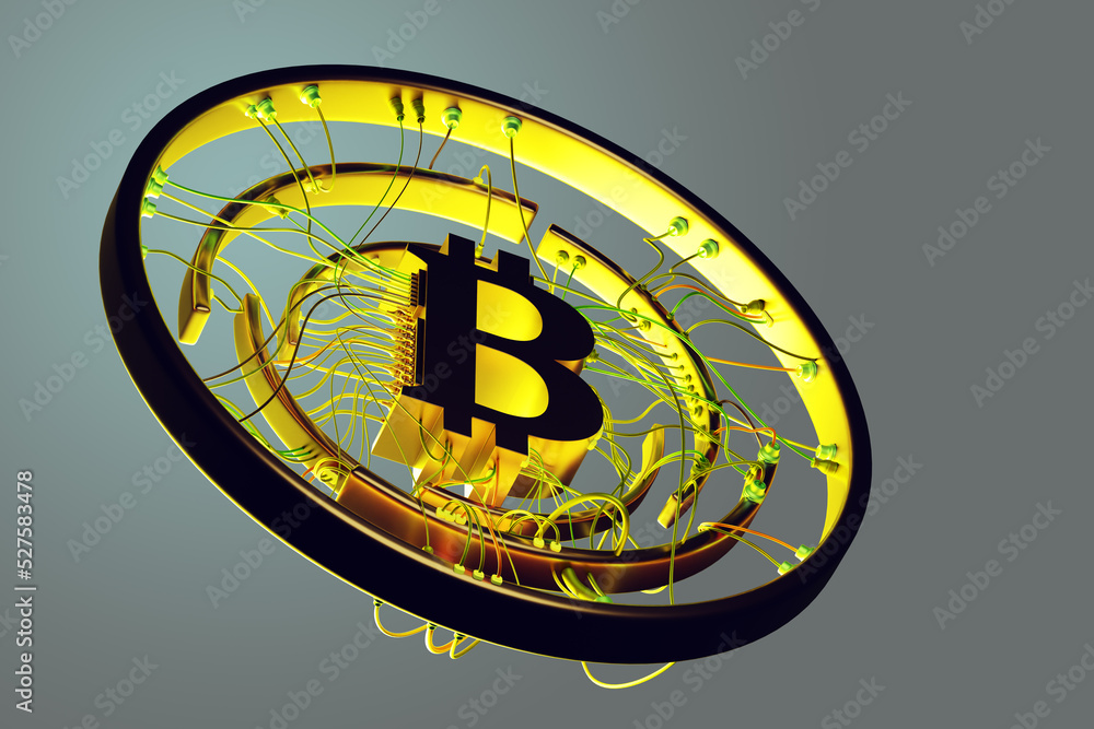 Poster bitcoin bank. cryptocurrency bank logo. storing money on blockchain wallet in concept. technological