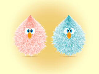 cute blue and pink funny hairy cartoon bird design vector illustration