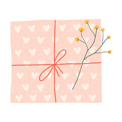Cute gift box with heart, red ribbon and flower branch