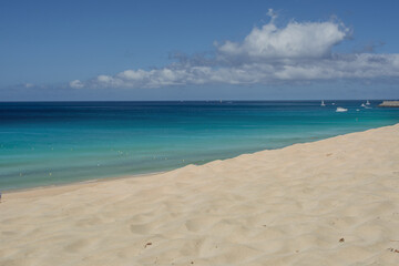 Aerial view on the beach in Playa del Matorral in Morro Jable, Canary Island Fuerteventura, Spain.